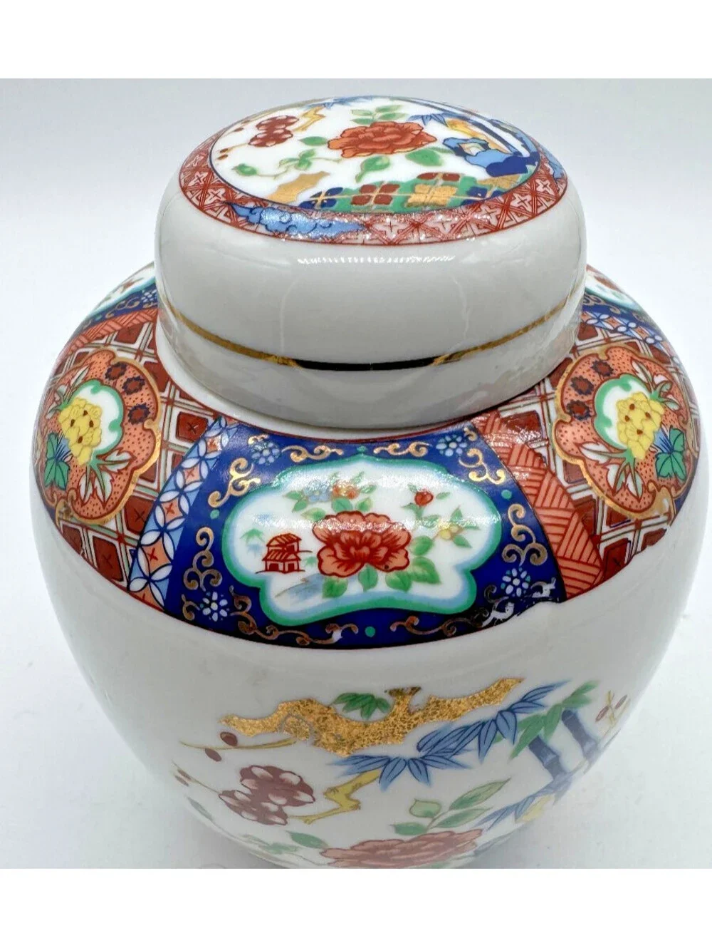 Vintage Miyako Imari Ware Japan Porcelain Ginger Jar Floral Bamboo Gold
